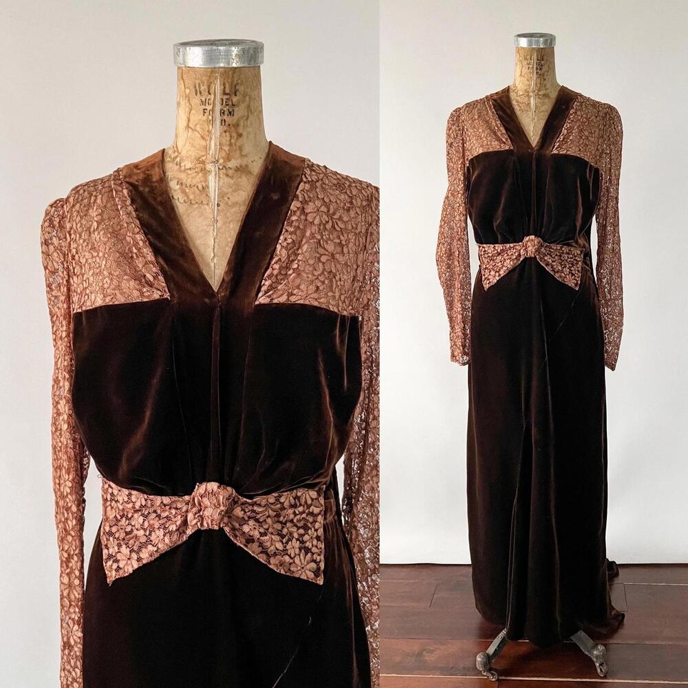 Vintage 1930s 1940s Brown Velvet Lace Bow Party Evening Gown Maxi Skirt Train SM